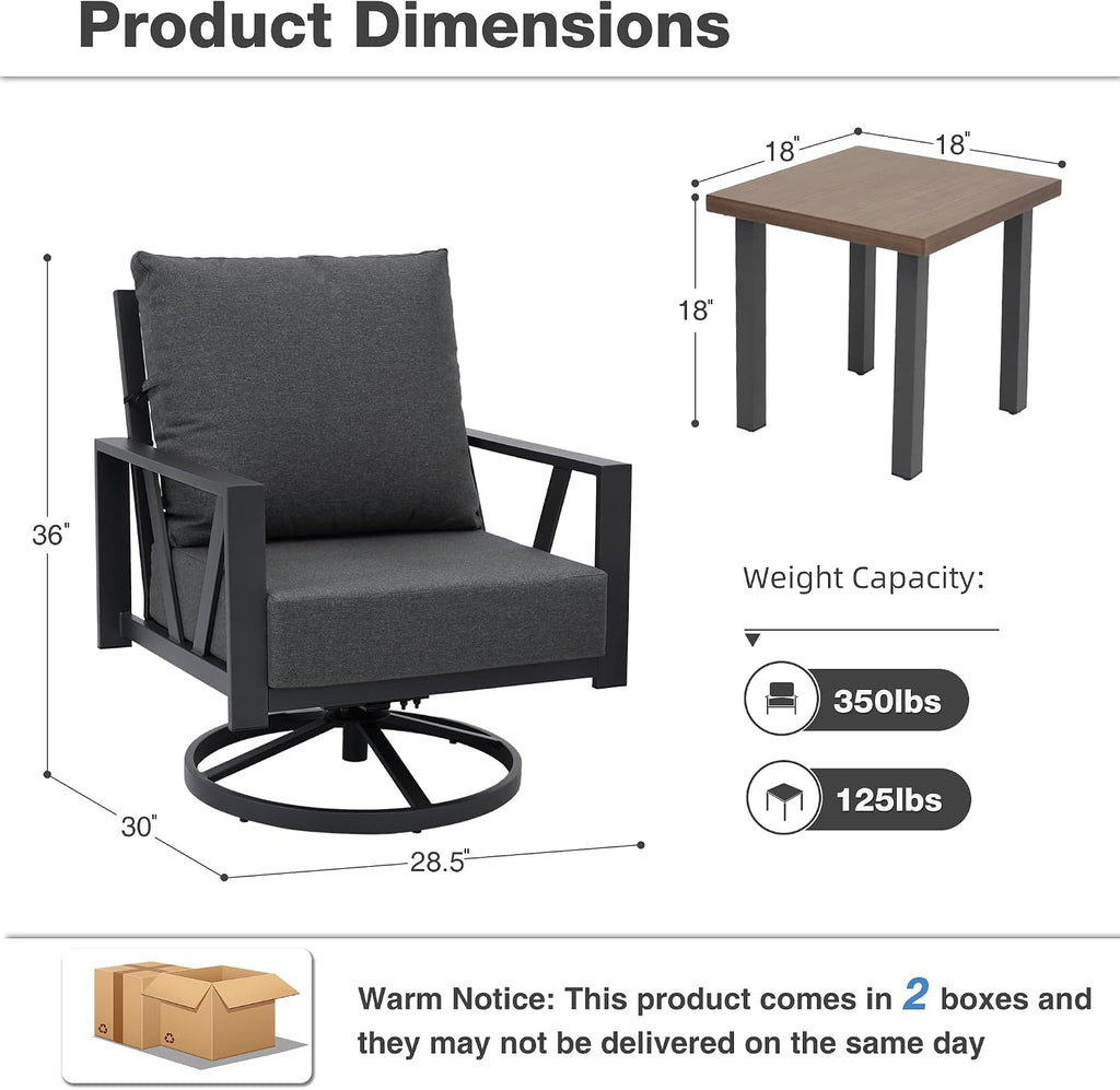 Outdoor Patio Swivel Rocking Chairs Set, Patio Porch Furniture with 6' Thick Cushions, 3 Pieces Outdoor Bistro Set with Coffee Table for Balcony, 350lbs, Dark Grey