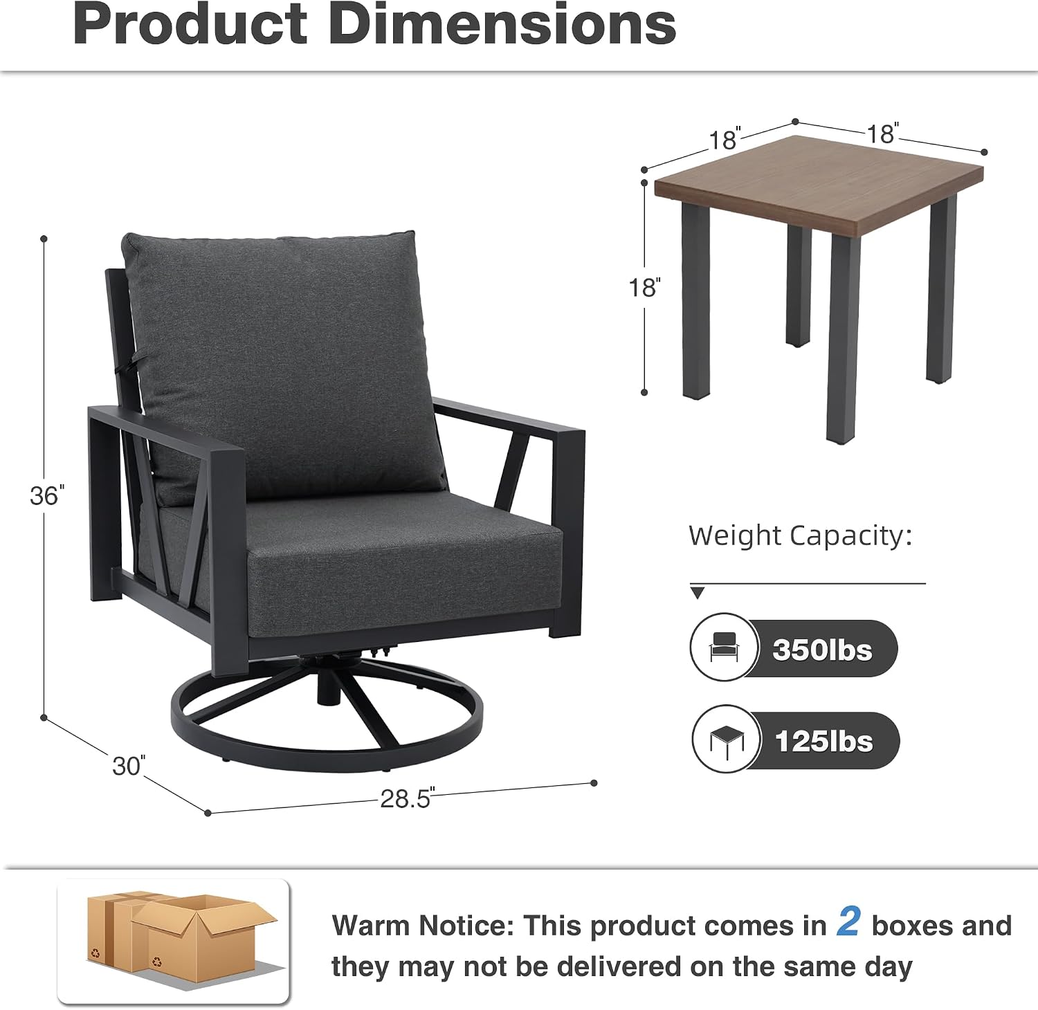 Outdoor Patio Swivel Rocking Chairs Set, Patio Porch Furniture with 6' Thick Cushions, 3 Pieces Outdoor Bistro Set with Coffee Table for Balcony, 350lbs, Dark Grey