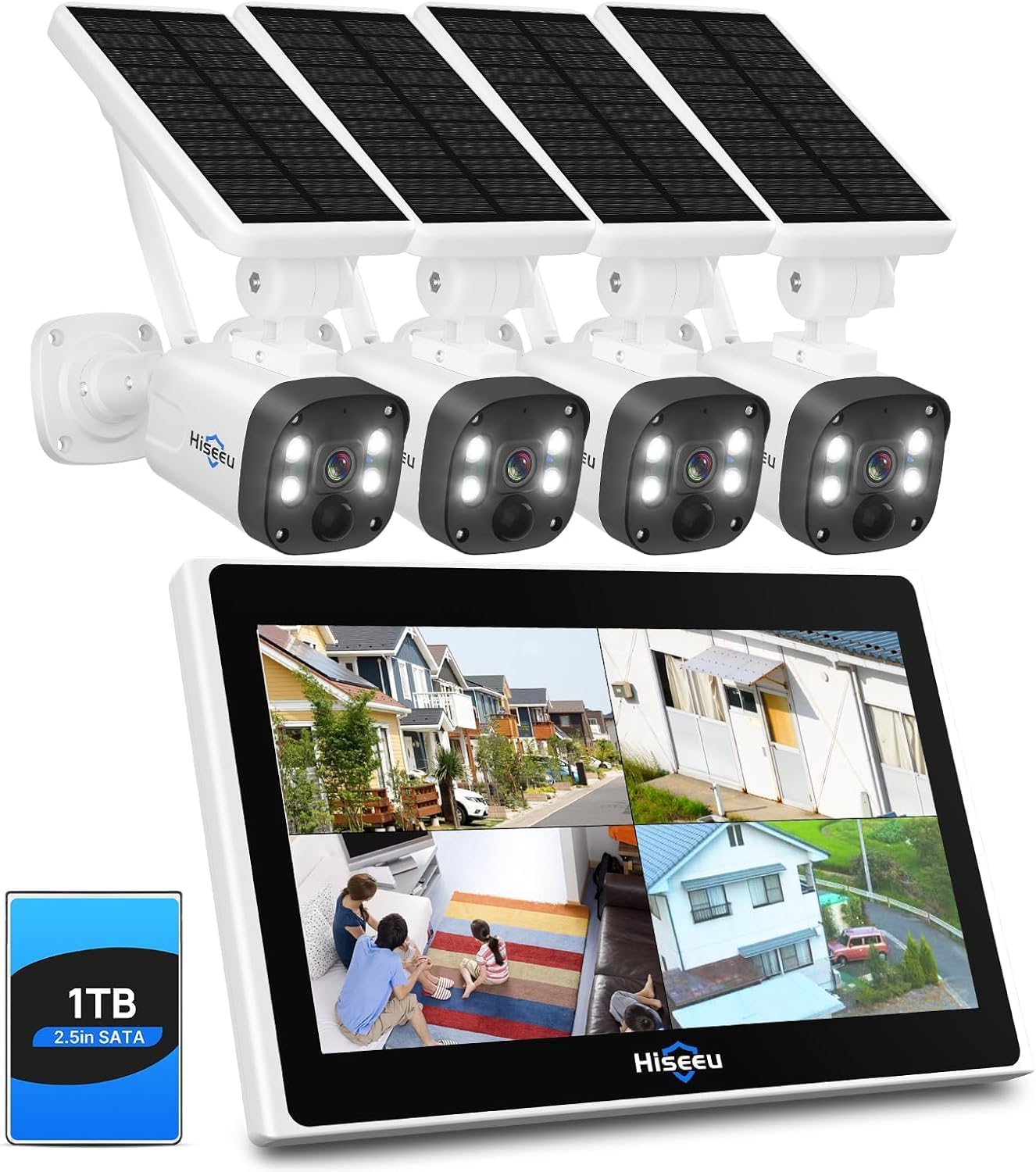 Hiseeu [1TB HDD,4MP Spotlight Solar Home Security Camera System, Bullet Solar Security Cameras Wireless Outdoor,10CH 10 Inch LCD 4K NVR,Smart Human Detection,2-Way Audio,Motion Record