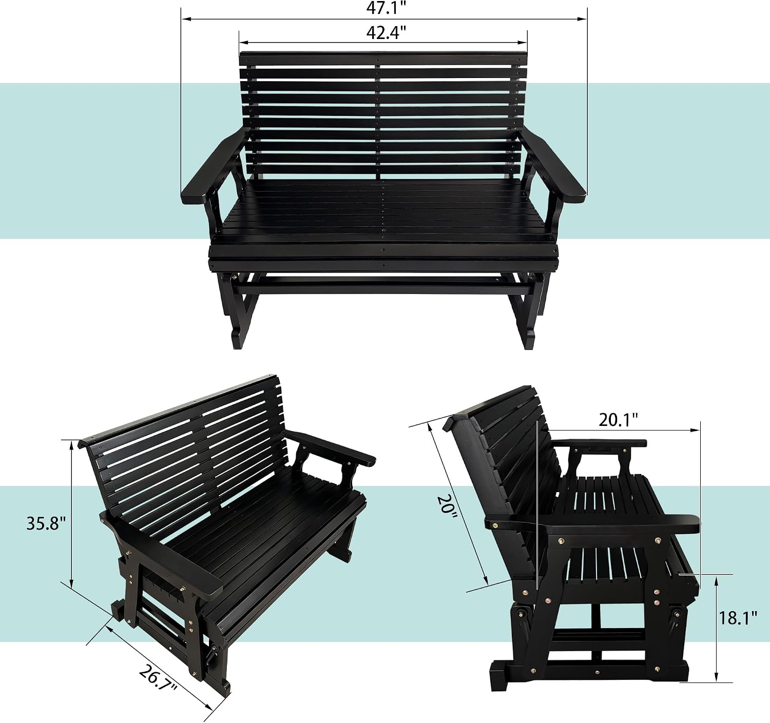 Fortune Candy Wooden Patio Glider with High Roll Back and Deep Contoured Seat, Solid Fir Wood, 2-Seater, Heavy Duty 800 LBS, 4 Ft. (Carbon Black)
