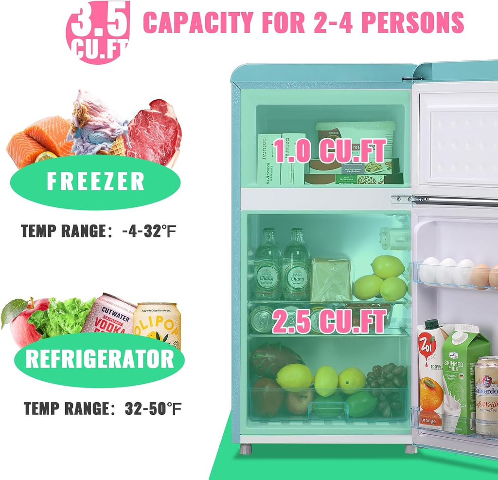 DEMULLER Retro 3.5 Cubic Feet Refrigerator with Top Freezer Two Doors & Two Handles Fridge with 7 Temperature Settings Spacous Capacity & Ideal Size Blue