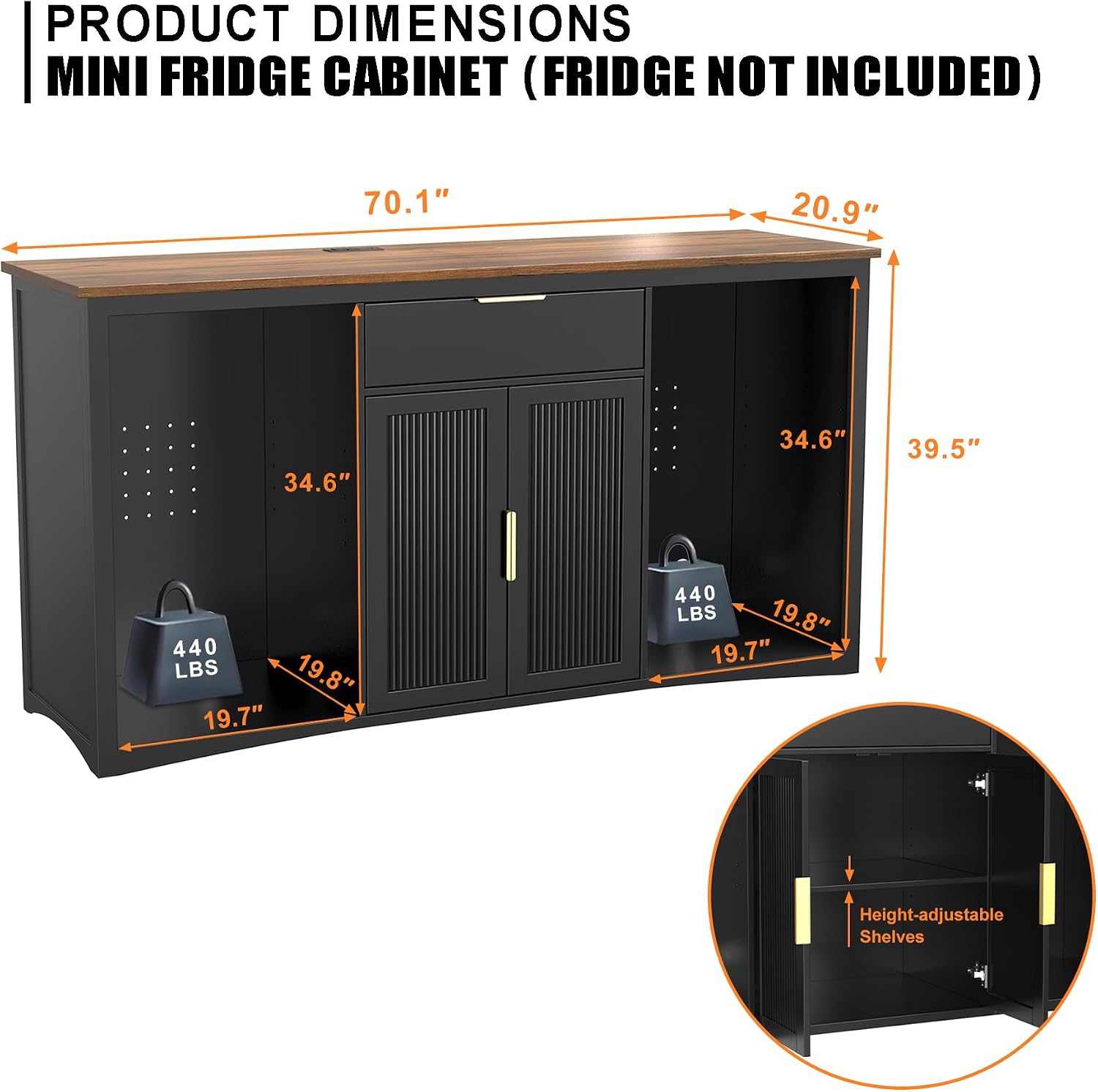 GDLF 70.1' Long Coffee Bar Cabinet with Fridge Space, Modern Wine Liquor Cabinet with Storage & Power Outlet, Buffet Sideboard with Fluted Doors for Home, Black