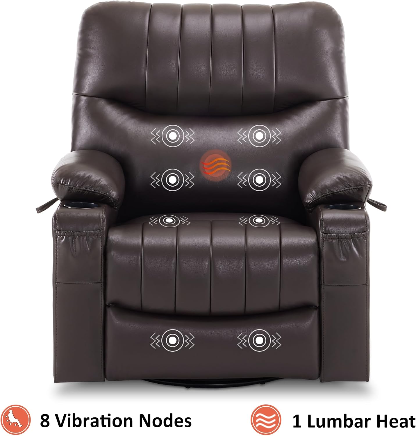 MCombo Oversized Swivel Glider Rocker Power Recliner Chair for Living Room with Heat and Vibration Massage, USB Ports, Cup Holders and Pockets, Faux Leather 7785 (Chocolate Brown)