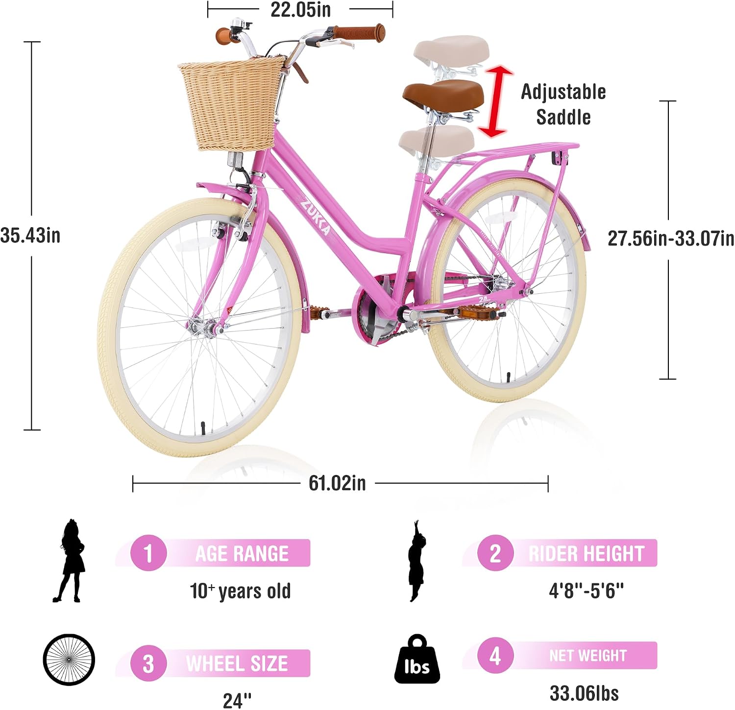 Girls Bike, 20/22/24 Inch Wheels, 1/7 Speed Kids Bike Cruiser Bike, Rear Cargo Rack for 7-14 Years Old Kids Bike, Multiple Colors