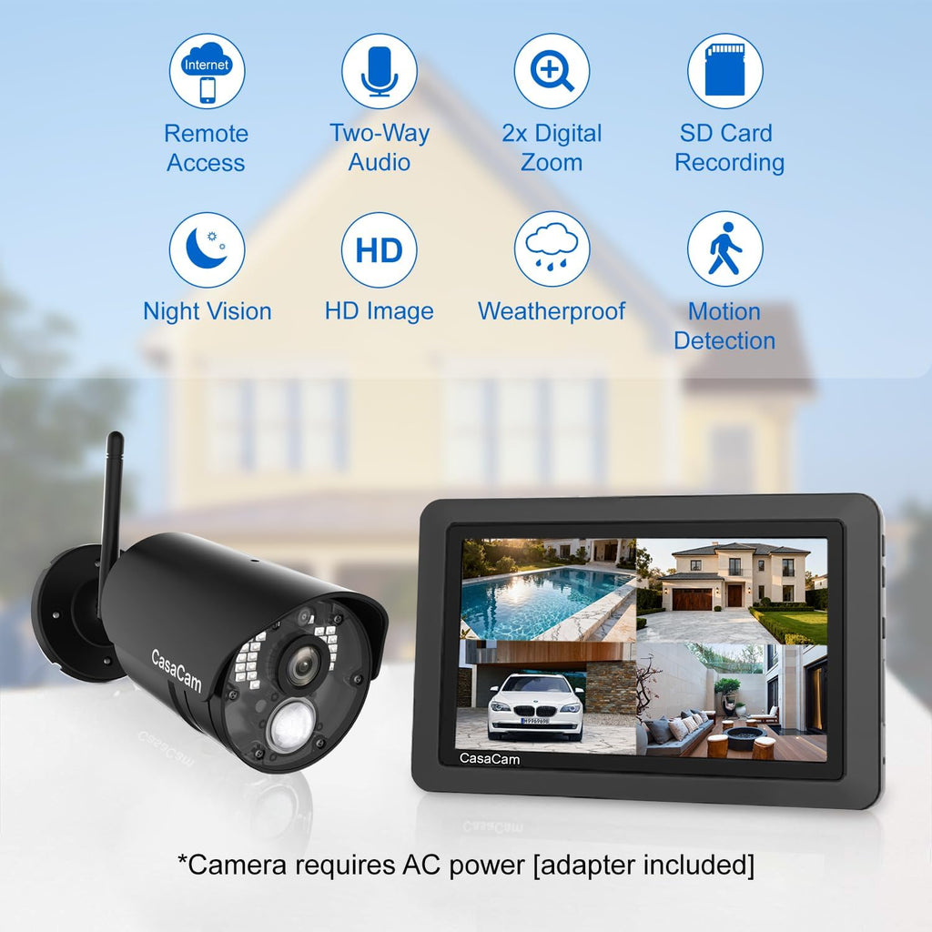 CasaCam GuardianCam Air | Wireless Security Camera System with 7' Touchscreen Monitor and 2 720p Cameras | AC Powered, Two-Way Audio, Free APP, Micro SD Card and Battery Installed, Model VS802