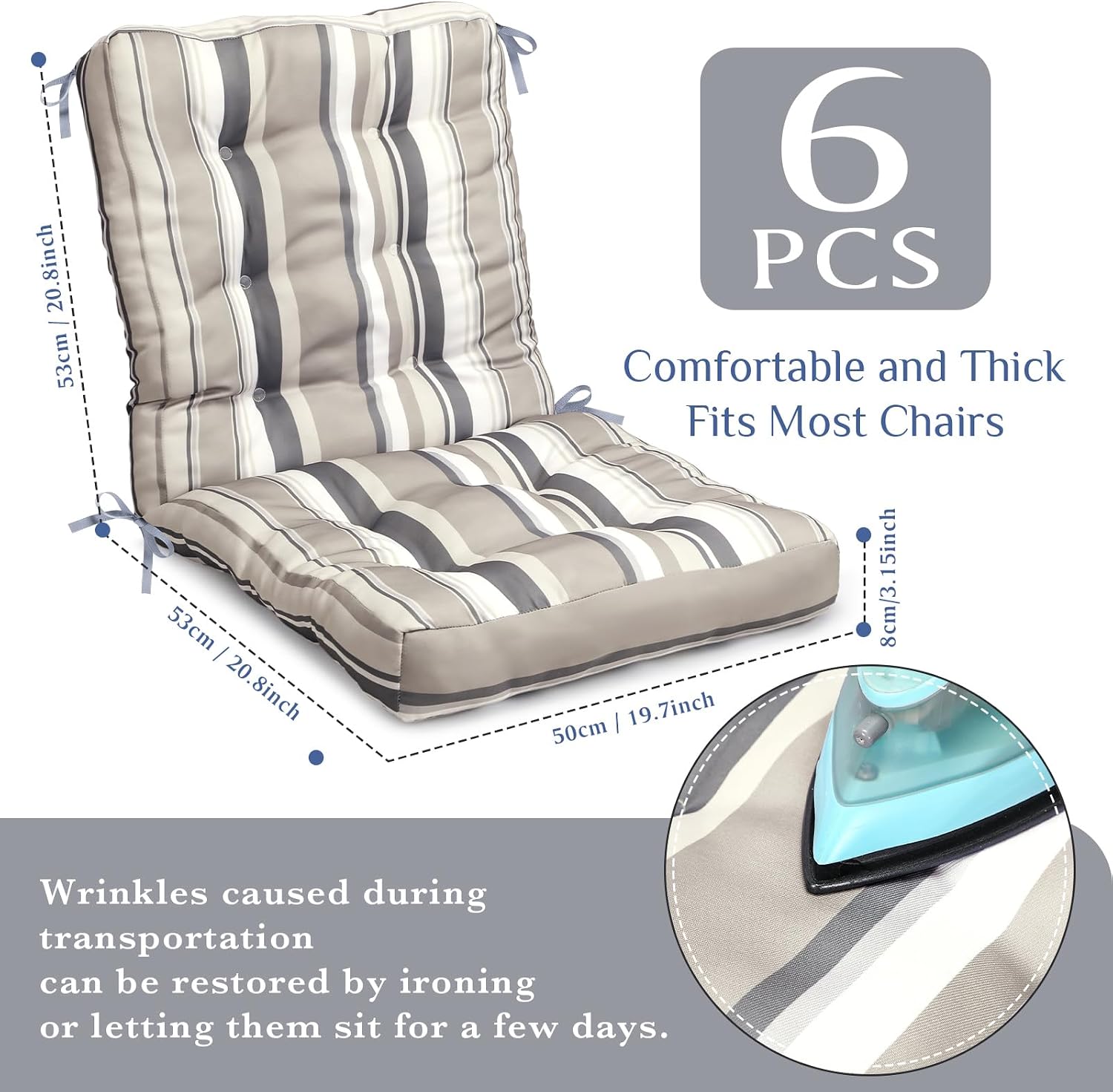 Hoteam 6 Set Patio Chair Cushions Outdoor 20 x 40 Inch High Chair Patio Cushion for Outdoor Furniture Waterproof Seat Rocking Indoor Thickened Pad(Striped Style,Beige)
