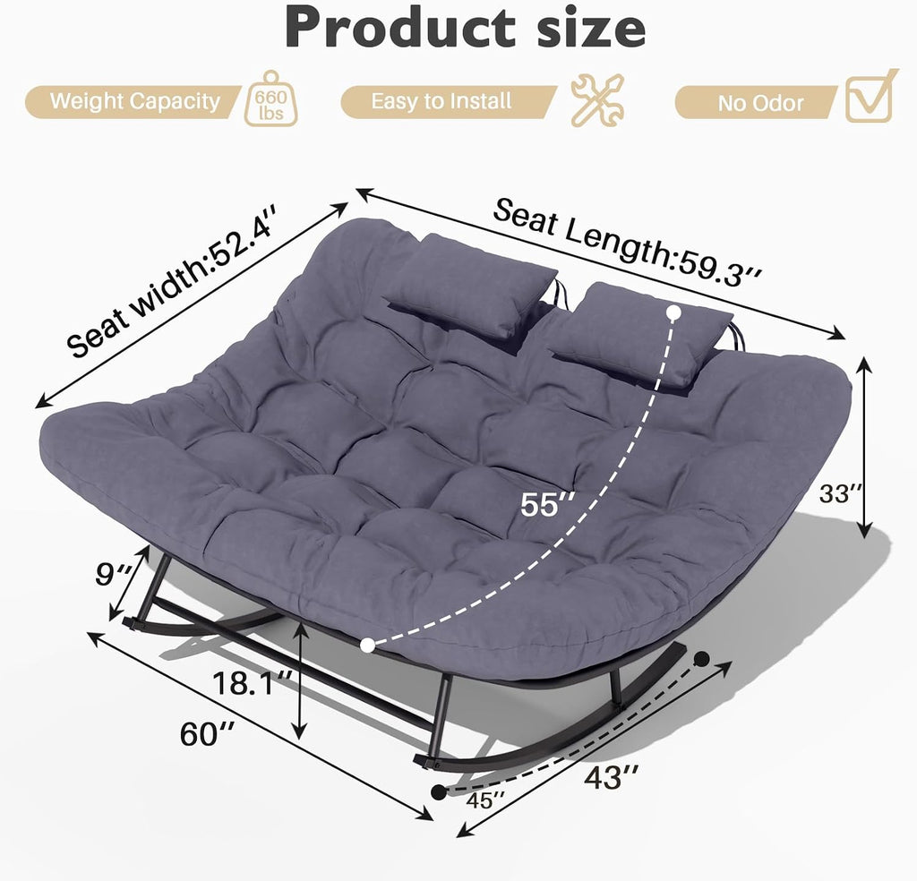 Oversized Outdoor Rocking Papasan Chair,Double Patio Rocking Chair for 2-Person,Loveseat Rocker with Thick Cushion&Rattan Frame,Large Lounge Chair for Outdoor Balcony Garden (Gray)