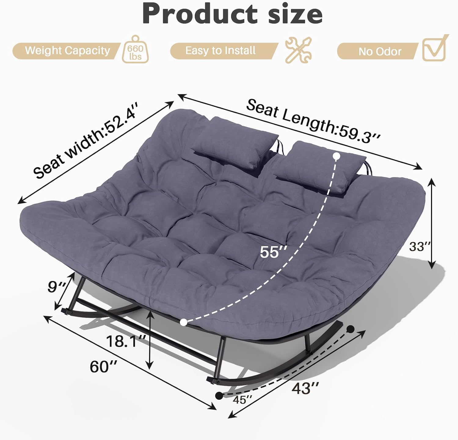 Oversized Outdoor Rocking Papasan Chair,Double Patio Rocking Chair for 2-Person,Loveseat Rocker with Thick Cushion&Rattan Frame,Large Lounge Chair for Outdoor Balcony Garden (Gray)