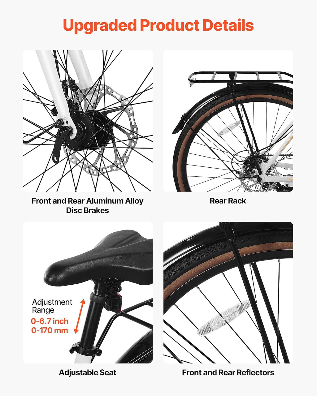 VEVOR Hybrid Bike, Lightweight Aluminum Frame Bike, 700c Wheel Men Women Hybrid Bicycle, Step-Over/Step-Through Adult Urban City Commuter Bikes, with 7/24 Speed, Alloy Adjustable Stem and Seat