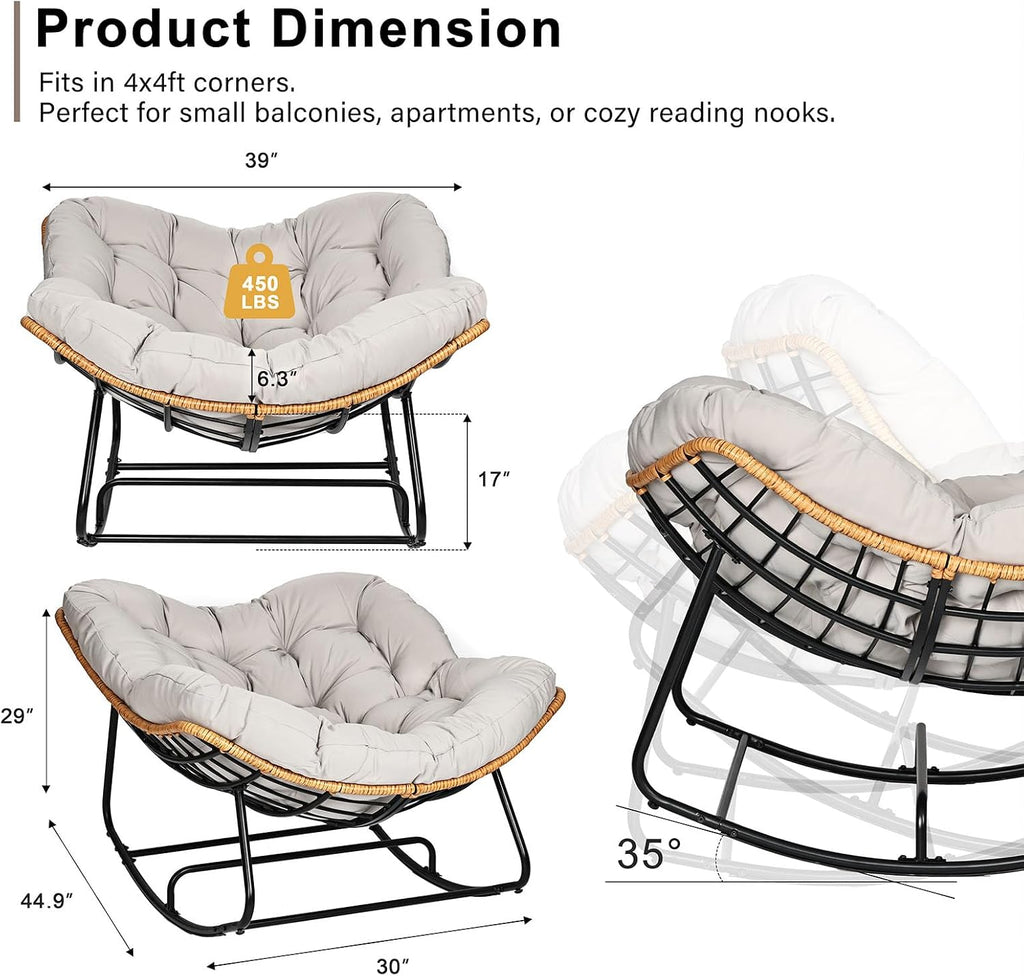 Papasan Chair, Outdoor Rocking Chair with Cushion, 450LB Heavy Duty Egg Chair, Indoor Outdoor Patio Rocking Chairs for Balcony, Porch, Living Room, Bedroom, Lawn, Garden (Light Gray.)