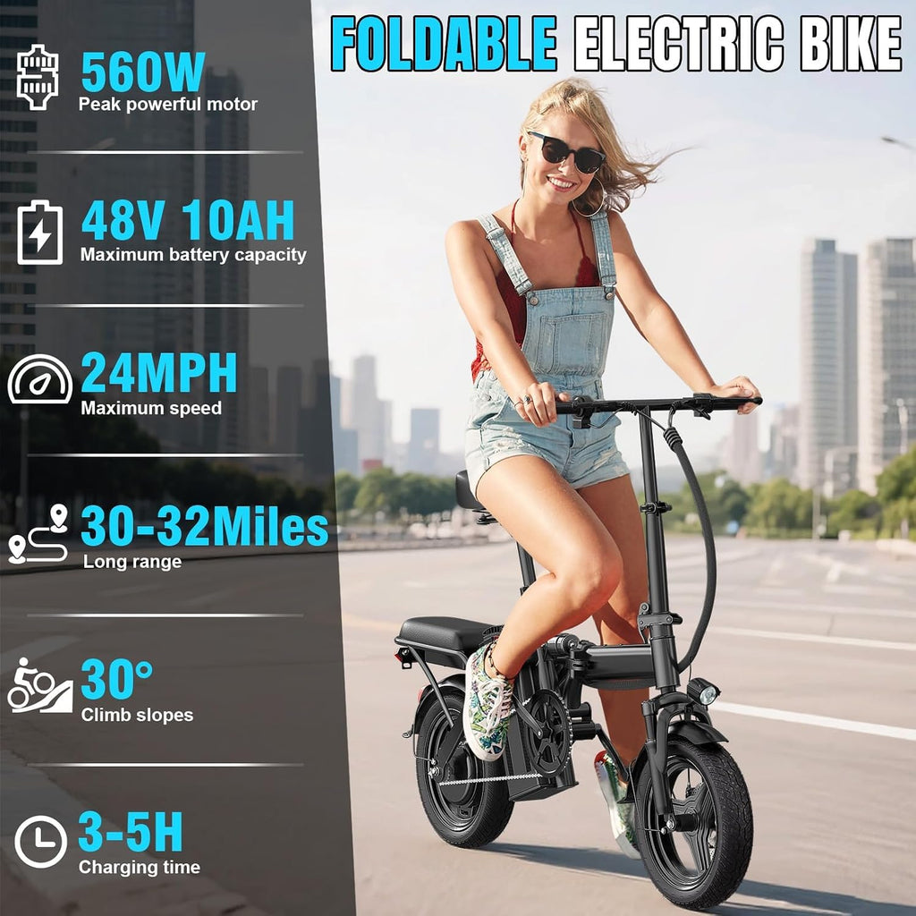 Electric Bike for Adults and Teens, Folding Ebike,Commuter City Foldable E Bike with 560W Motor and 48V 10Ah Battery, 24MPH Speed Pedals Assist, Dual Disc Brakes,14' Compact Electric Bicycles