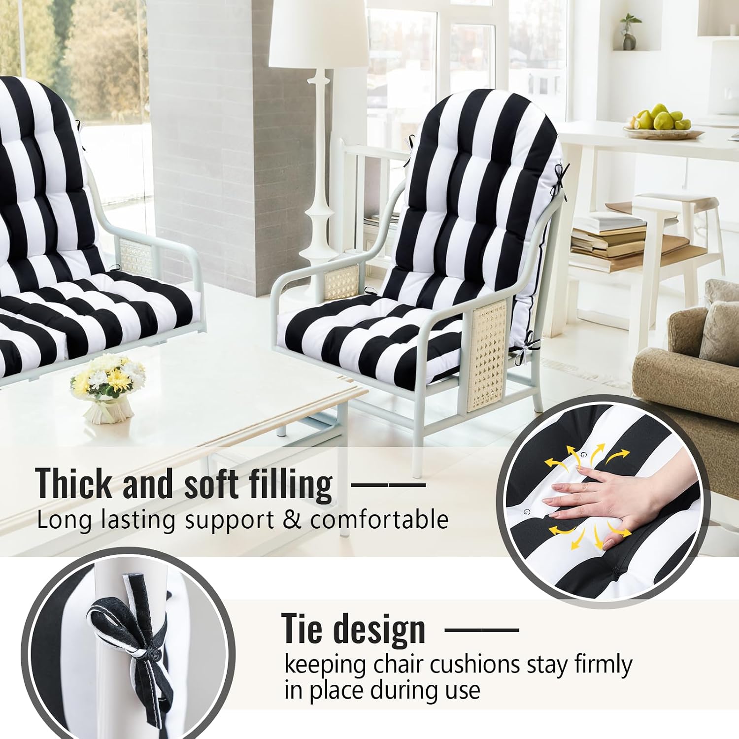 Geelin 4 Pcs Outdoor Patio Chair Cushion Thick High Back Adirondack Chair Cushion Tufted Weather & Fade Resistant Anti-Slip Outside Rocking Chairs Pads with Ties, 44 x 19 x 4 Inch (Black White Stripe)