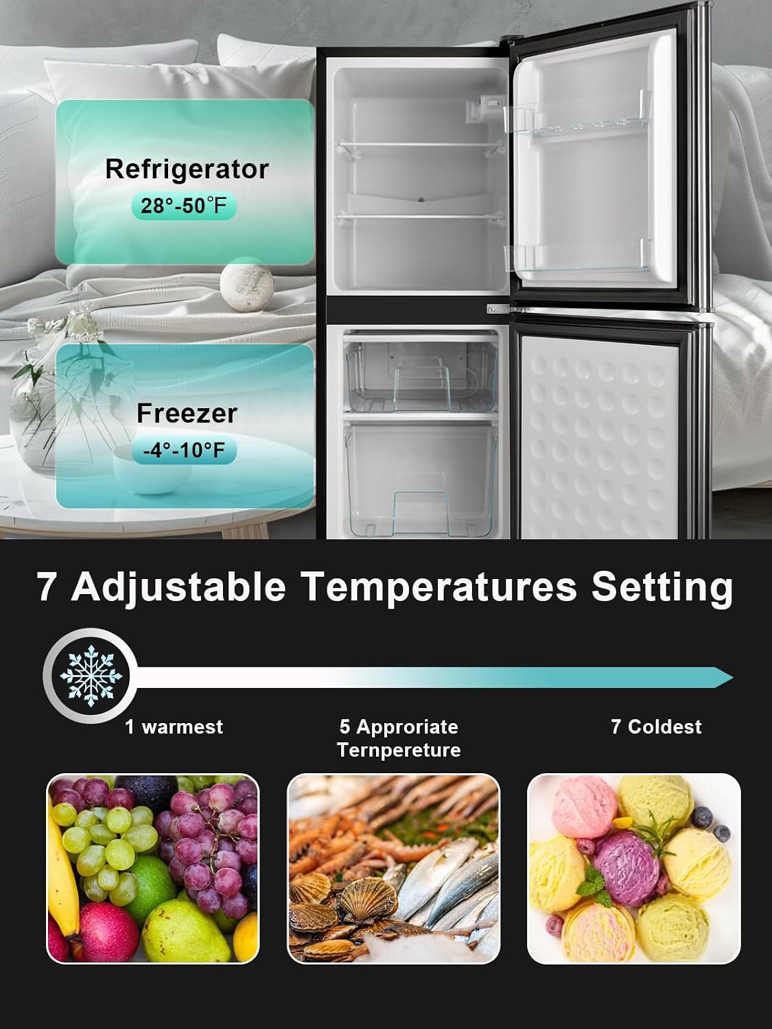 KRIB BLING Refrigerator with Freezer 4.0 Cu.Ft with 7 Level Adjustable Thermostat Control 2 Door Bottom Freezer Refrigerator Lock Fresh Energy Saving for Apartment Bedroom Dorm and Office Black