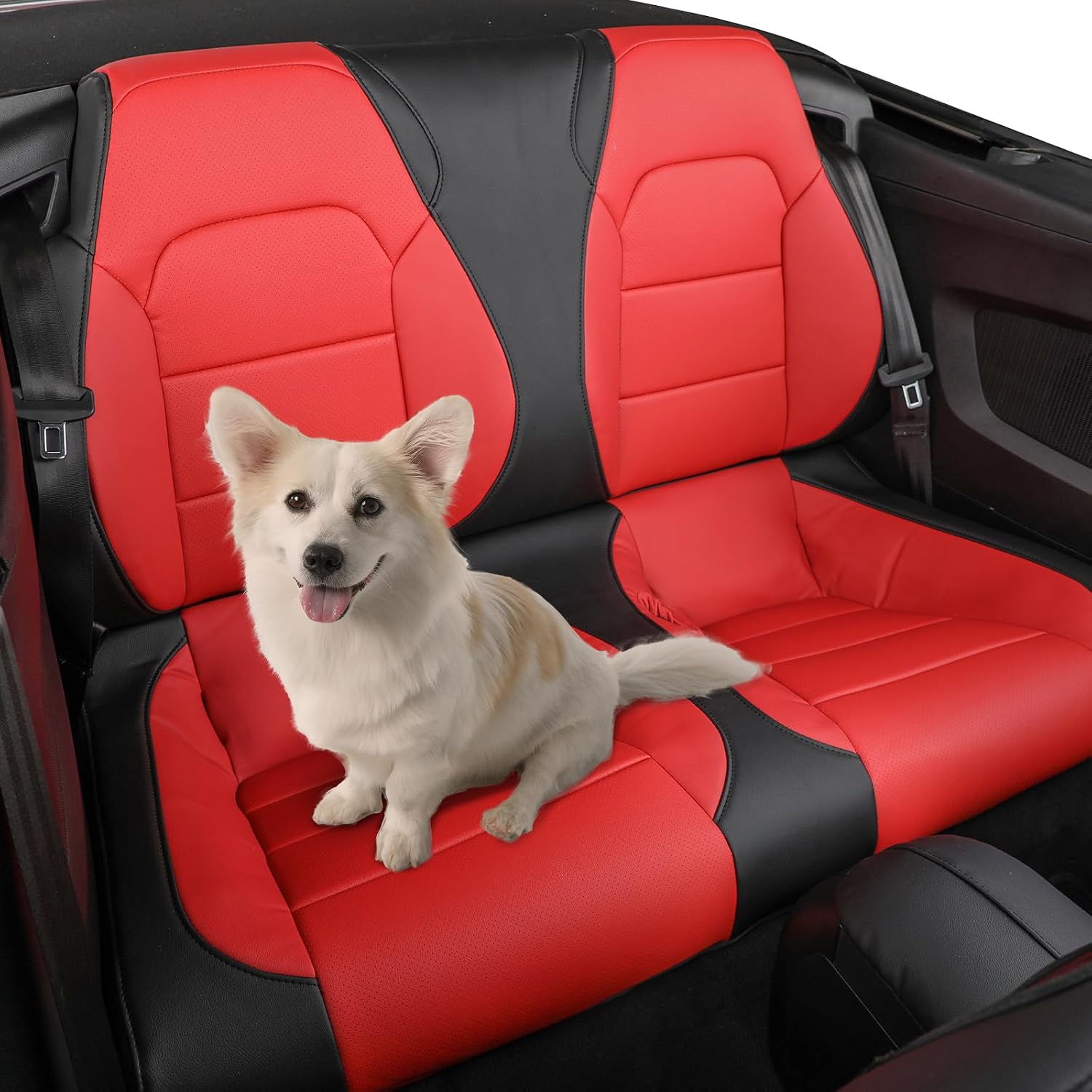 coverdream Mustang Leather Car Seat Covers Custom Fit for 2015-2024 2026 Ford Mustang Convertible,Rear Row One-Piece Backrest,Fully Covered Waterproof Seat Protector (Full Set,Black/Red)
