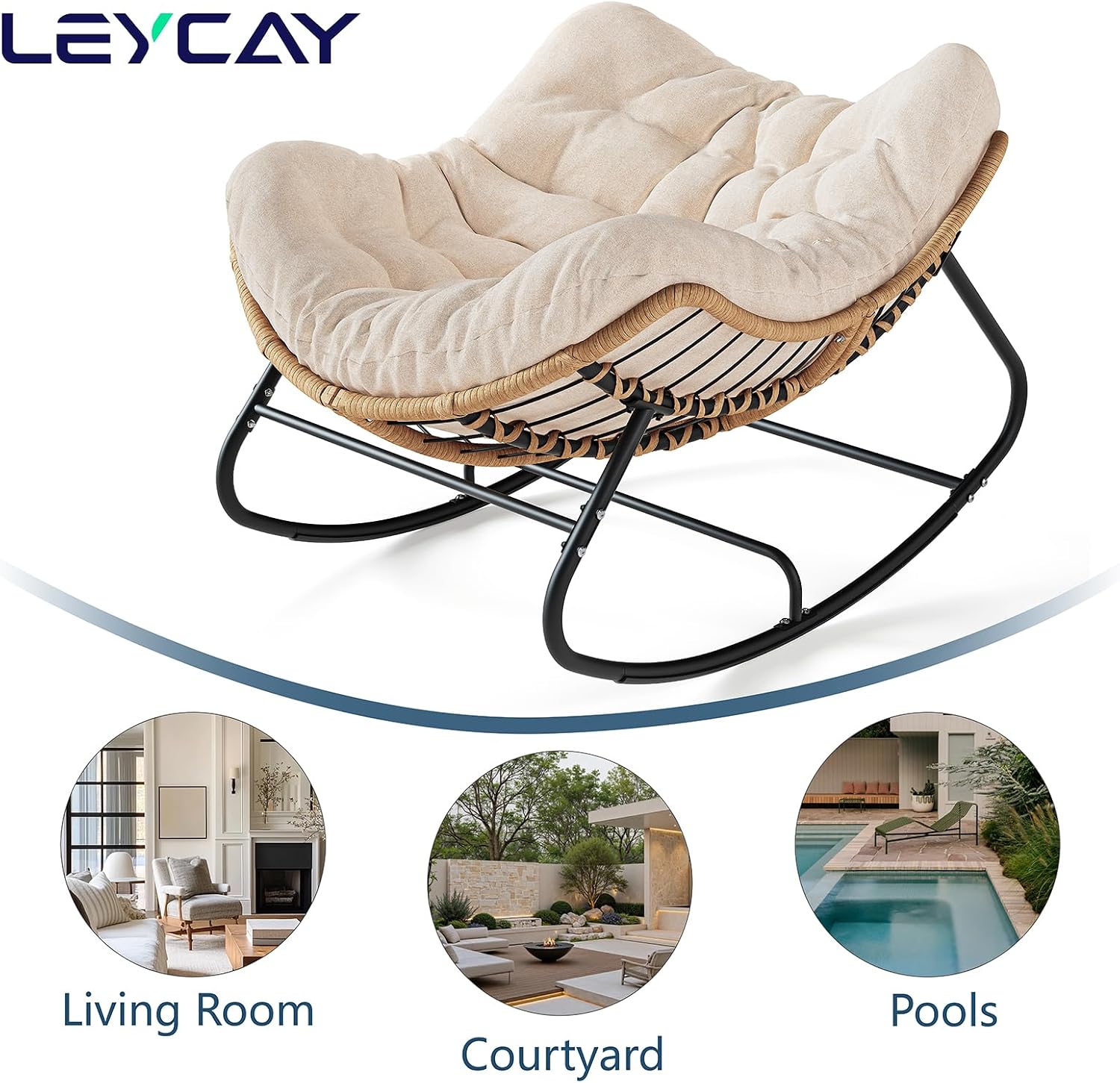 LEYCAY Outdoor Rocking Chair, Oversized Papasan Chair, Indoor Comfy Lounge Rocker with Cushion for Patio, Living Room, Porch, Balcony-Cream