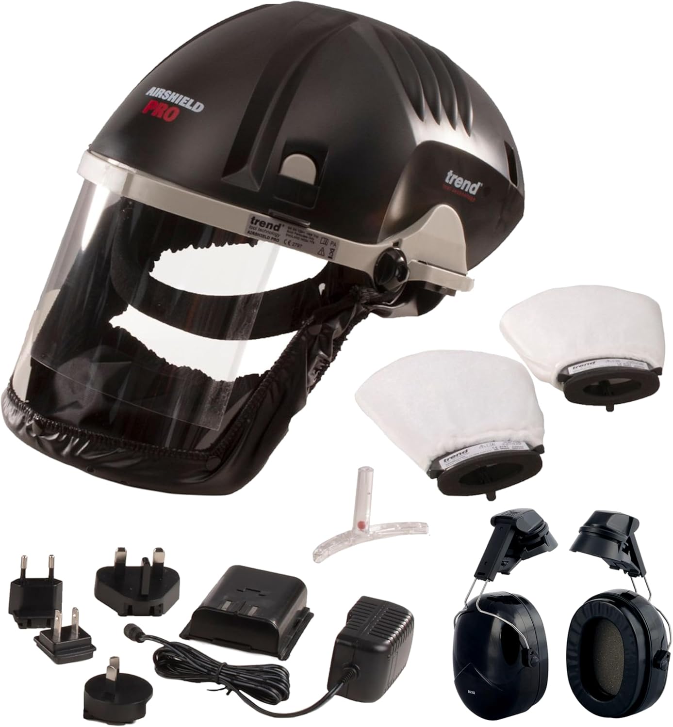 TREND Airshield Pro Full Air Circulating Face Shield w/Ear Defenders - Complete Face and Hearing Protection Pack, AIR/PRO/D2