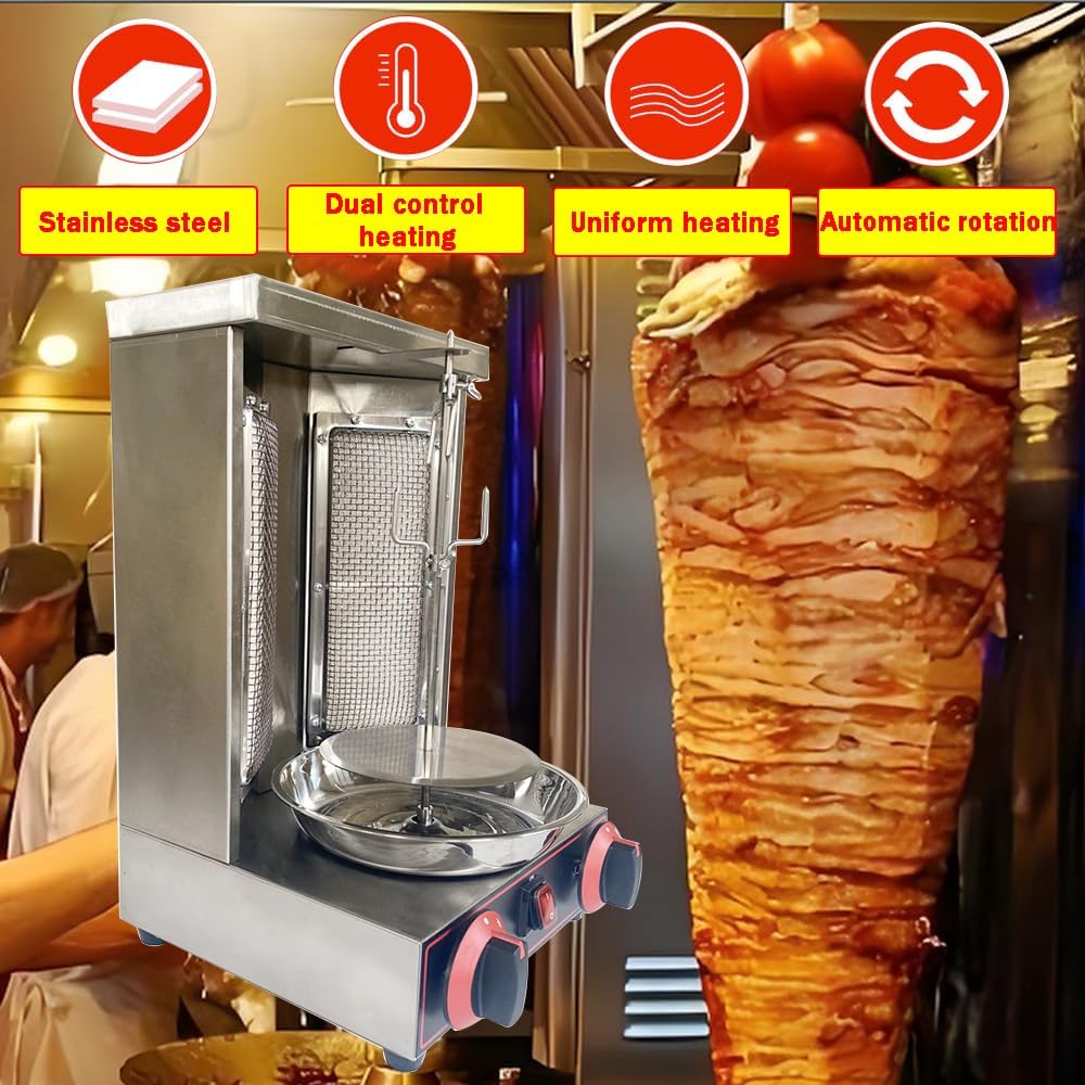 Shawarma Grill Machine Vertical Broiler LP Gas Turkish Barbecue Shawarma Rotisserie Countertop Rotating Doner Kebab Gyro Grill Oven with 2 Burners for Home Kitchen Restaurant Party