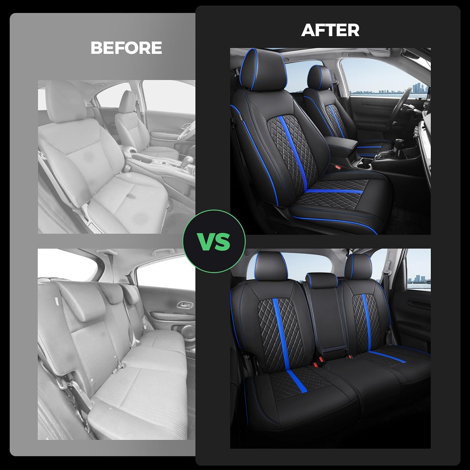 for Honda HRV Seat Covers 2016-2018 EX EX-L & 2016-2022 LX, Custom Fit Car Seat Cover Full Set, Luxury Leather HR-V Seat Protectors, Waterproof SUV Cushions Accessories, Black with Blue Trim