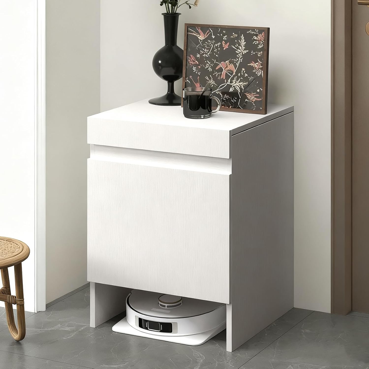 Robot Vacuum Stand Hidden Cabinet, Storage Cabinet with Doors for Robot Vacuum Cleaner,Household End Side Table,Wood Freestanding Rack Space Saver for Home Office