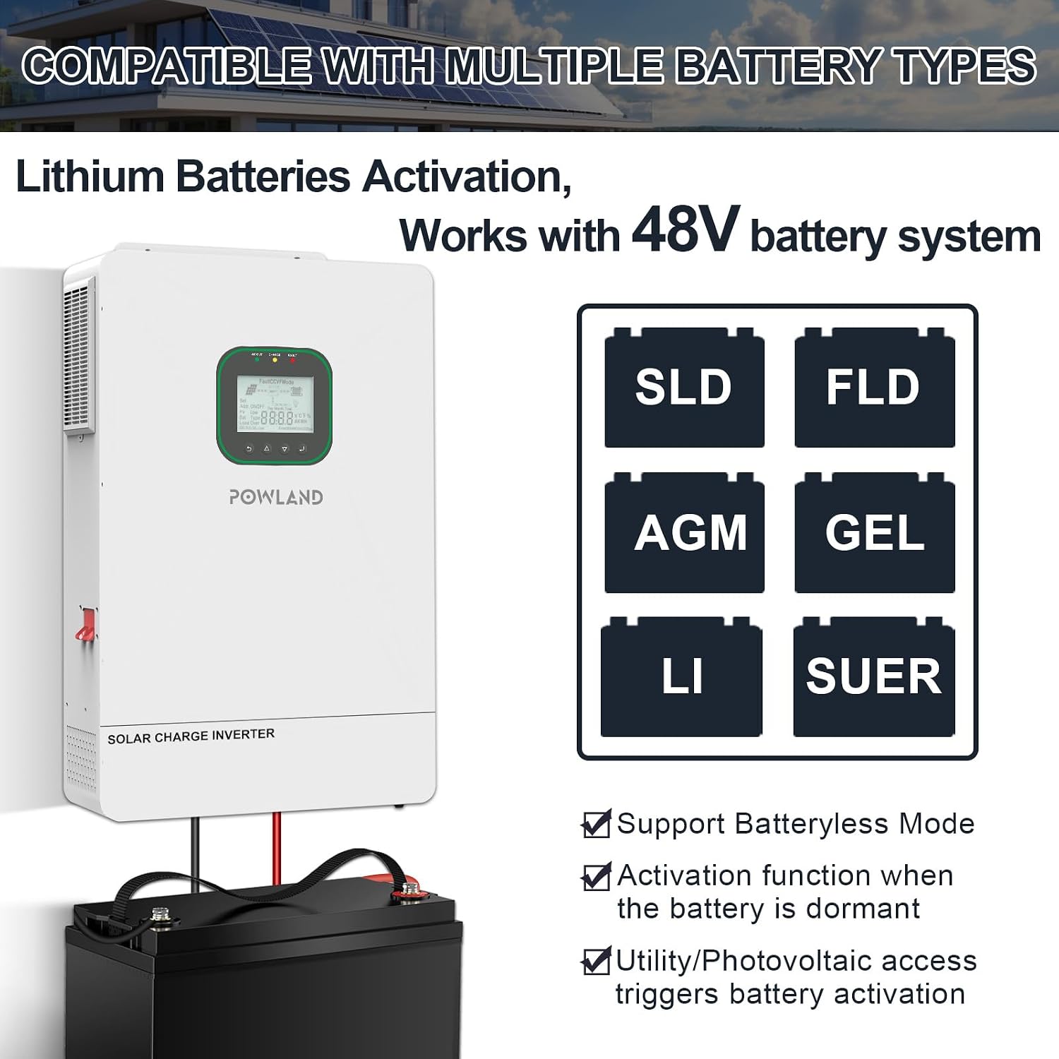POWLAND 6500W Solar Hybrid Inverter with WiFi,Charger 48V DC to 120V AC Power Inverter,Built in 120A MPPT Charge Controller,Work with 48V Lead Acid/LiFePO4,Support Parallel up to 6 inverters