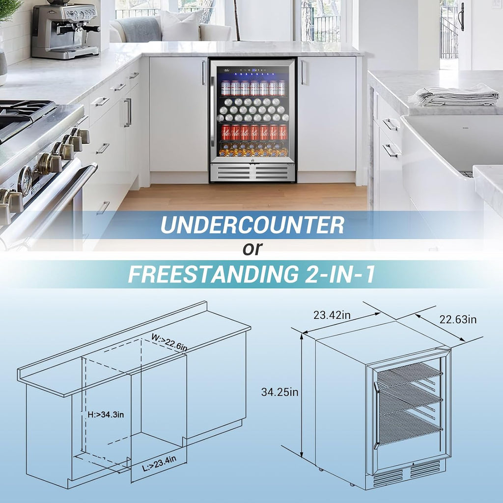 Velivi 24 Inch Beverage Refrigerator, 210 Cans Under Counter Beverage Cooler, 24' Space Built-In Beer and Drink Fridge with Glass Door for Soda, Water, and Milk - For Kitchen, Bar or Office