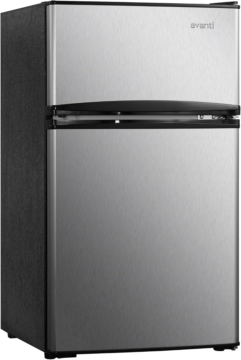 Avanti 3.1 Cu. Ft. Compact Refrigerator with Freezer, Adjustable Glass Shelves, Reversible Door, Automatic Defrost, ENERGY STAR Certified, 3.1 cu.ft., Stainless Steel