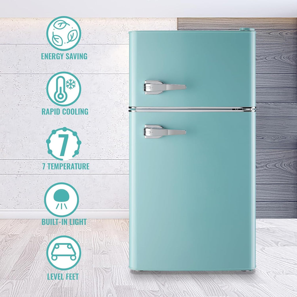 WANAI Compact Mini Refrigerator Small Refrigerator with Freezer, Retro Mini Fridge with Dual Door,7 Adjustable Thermostat, Adjustable Shelves For Dorm, Office Bedroom, Blue
