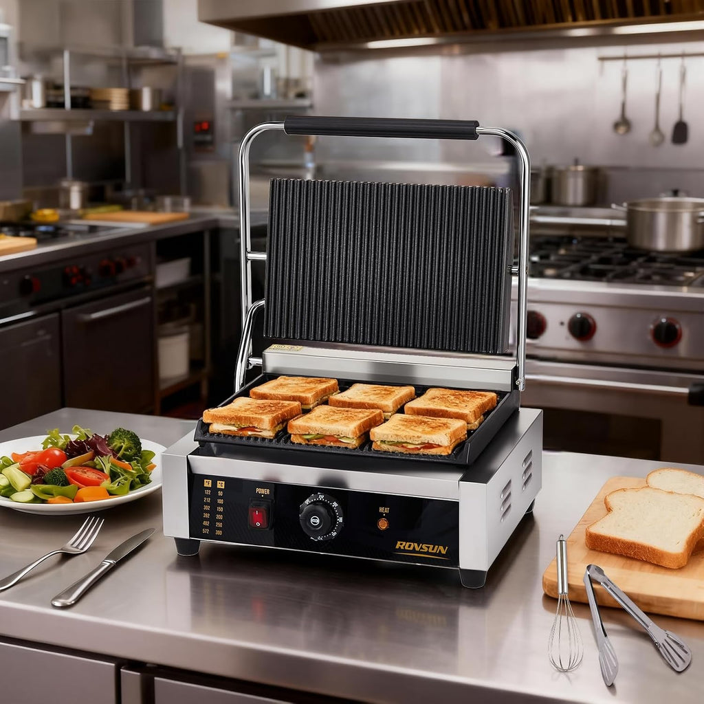 ROVSUN 811E Commercial Panini Press Grill, 2200W Stainless Steel Electric Countertop Sandwich Maker with Adjustable Temp 122°F–572°F, For Steak, Burgers, Home & Restaurant Use, 110V, Silver