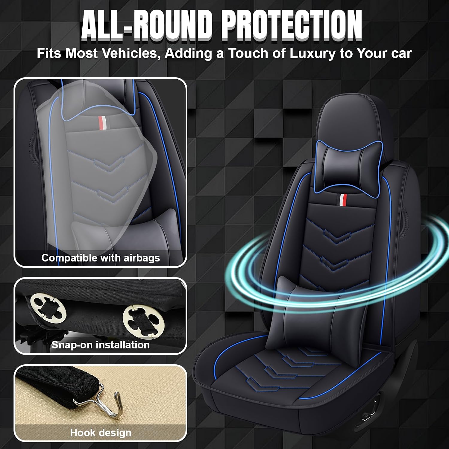 Car Seat Covers Fit for Chevy Suburban 2000-2025, Leather Seat Covers for Car, Waterproof Non-Slip Durable Car Seat Protector(2 Seats with Pillow,Black Blue)