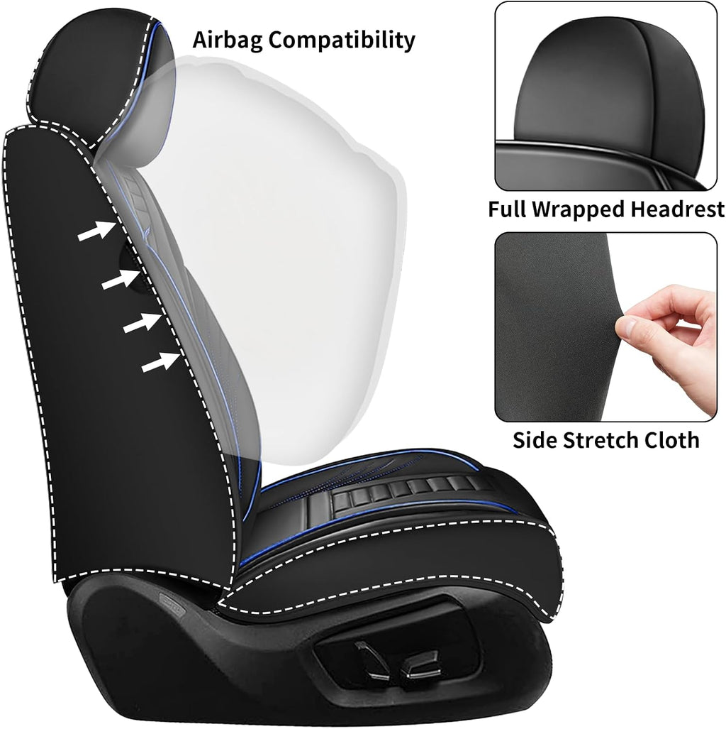 Full Set Car Seat Covers for Dodge Dart 2000-2025, Waterproof Car Seat Protector with Storage Pocket, Easy Install Leather Seat Covers, Automotive Vehicle Cushion with Airbag(Blue,Black)