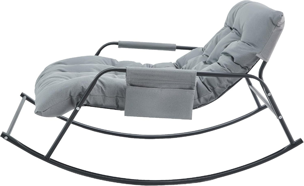 KEIKI PU Rocking Chair Outdoor/Indoor-Reading Papasan Lounge Chair with Storage, Rocker Egg Chair W/Iron Frame, Patio Porch Furniture-Waterproof Cushion Gliding Chairs for Bedroom/Garden/Lawn, Gray