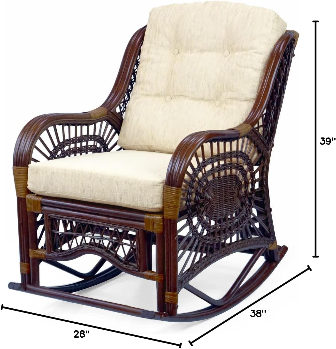Malibu Lounge Rocking Chair Handmade ECO Natural Wicker Rattan Dark Brown Color with Cream Cushion, Indoor ONLY