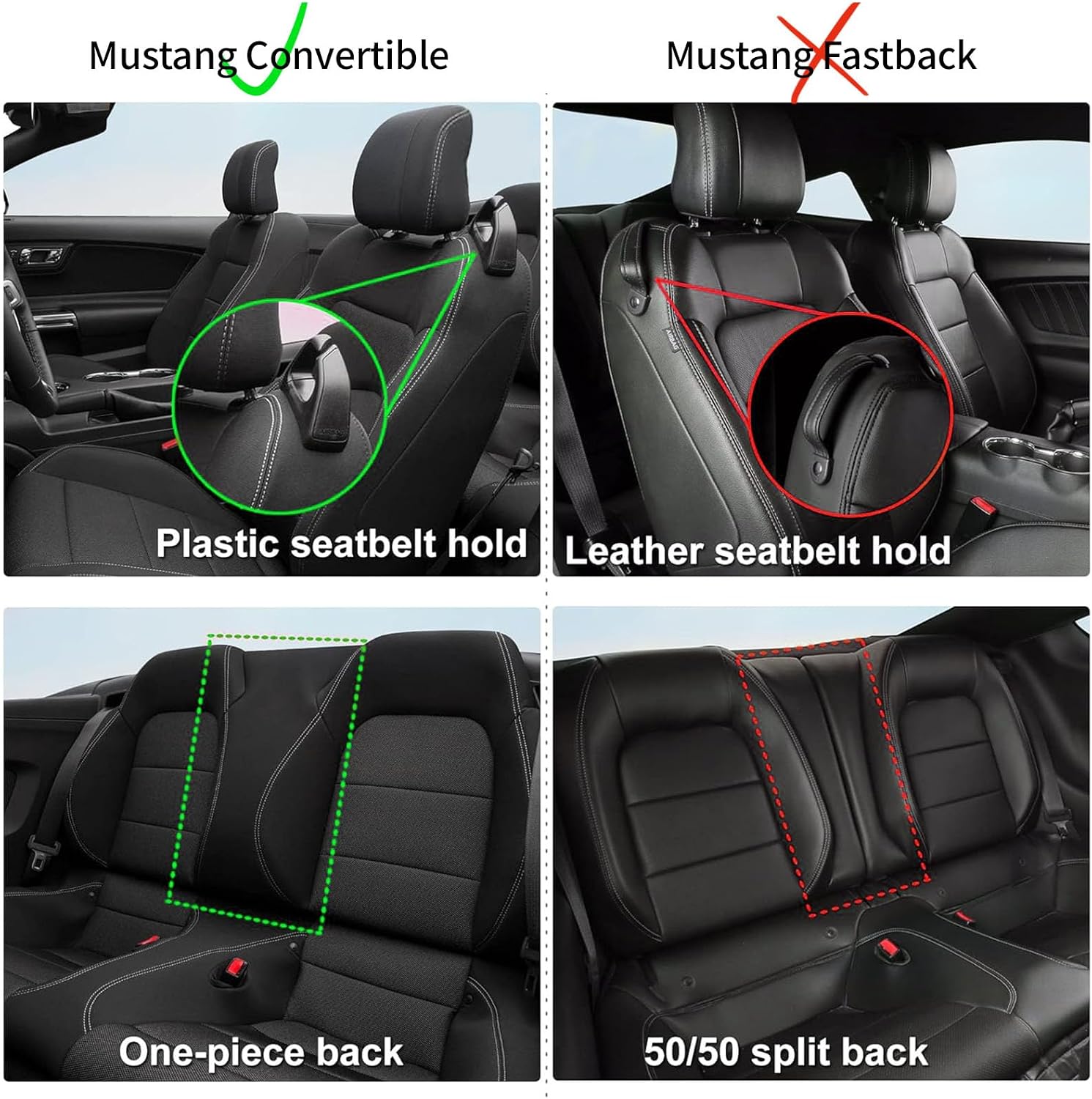 coverdream Mustang Leather Car Seat Covers Custom Fit for 2015-2025 2026 Ford Mustang Convertible,Rear Row One-Piece Backrest,Fully Covered Waterproof Seat Protector (Full Set,Black/Gray)