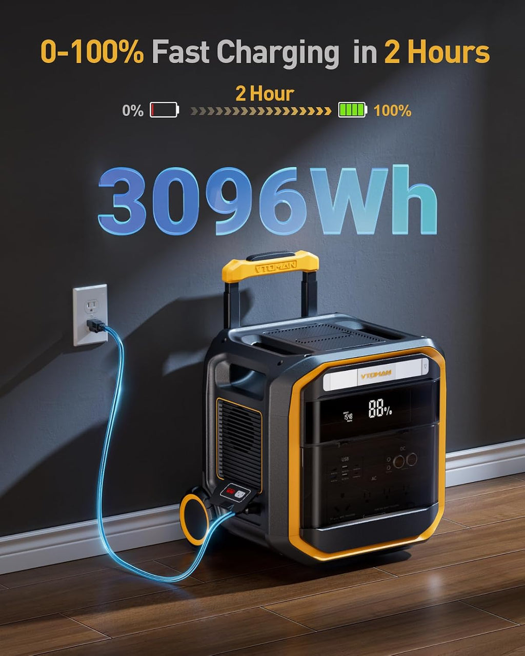 VTOMAN FlashSpeed Pro 3600 Portable Power Station, 3096Wh LFP Battery Solar Generator with 400W Solar Panel, 2Hr Fast AC Charge, 25% Efficient, UPS Home Backup with Wheels, for Outdoor RV Emergency