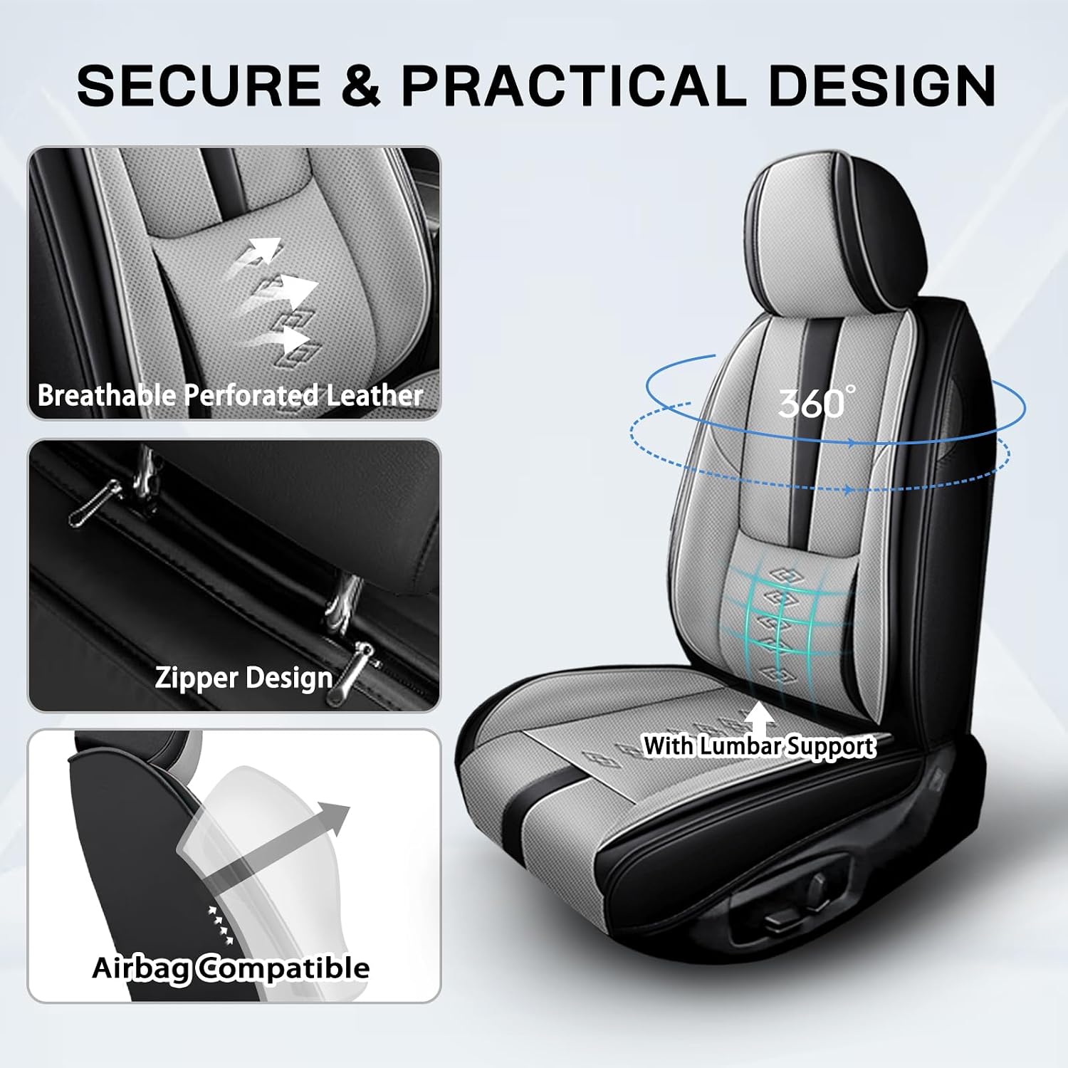 Car Seat Covers for Grand Cherokee L,for Jeep Grand Cherokee L 2021-2024,Leather Full Set Seat Covers,Airbag-Compatible Car Seat Protectors,Waterproof Seat Cover for Cars(Black+Gray,5PCS/With Pillows)