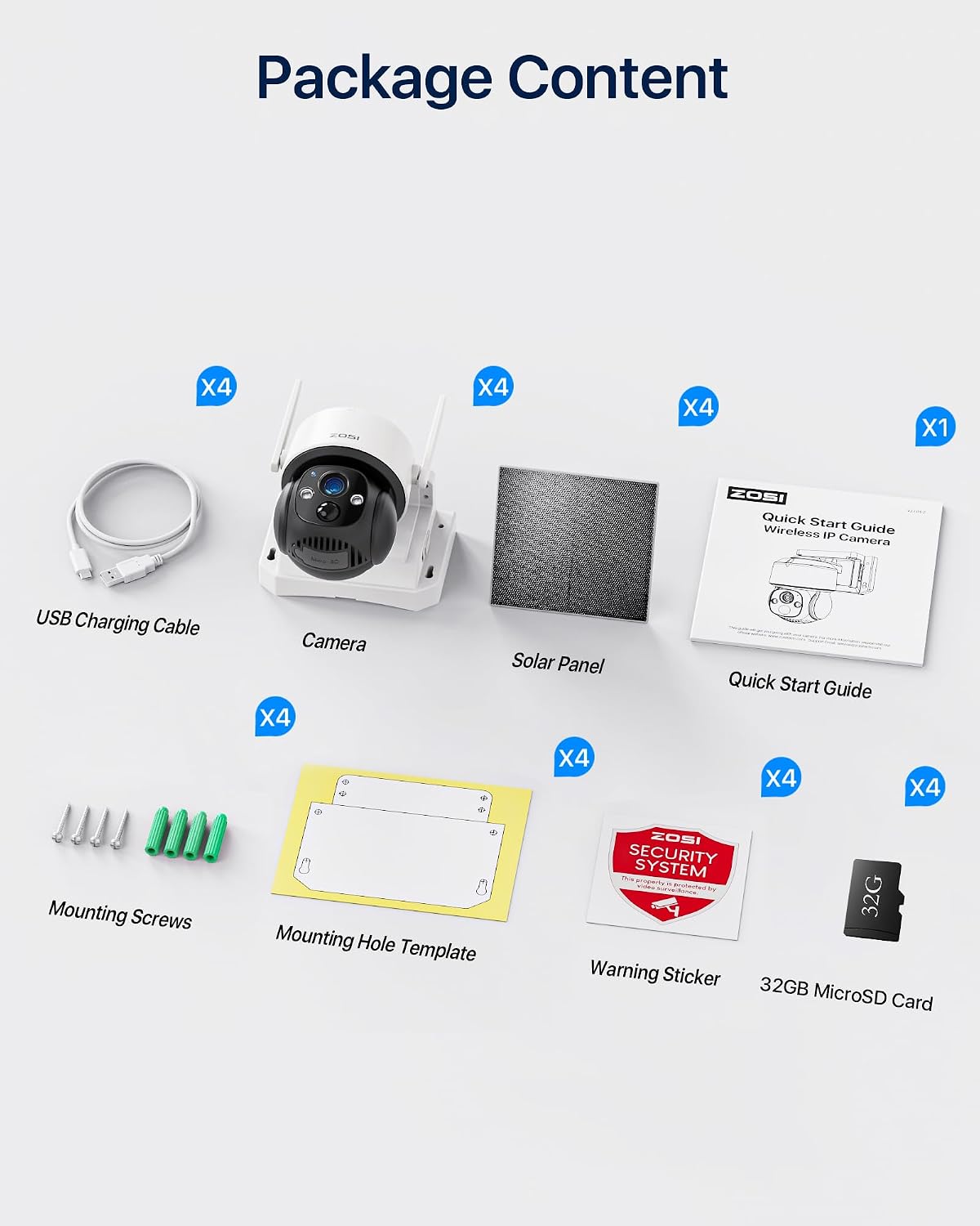 ZOSI C291 4 x 2.5K 4MP Wireless Battery Security Camera Outdoor, Solar Powered Pan/Tilt Camera, 360 View, Human Detect, Auto Track, Color Night Vision, 2-Way Talk, Light Siren Alarm, 32GB Memory Card