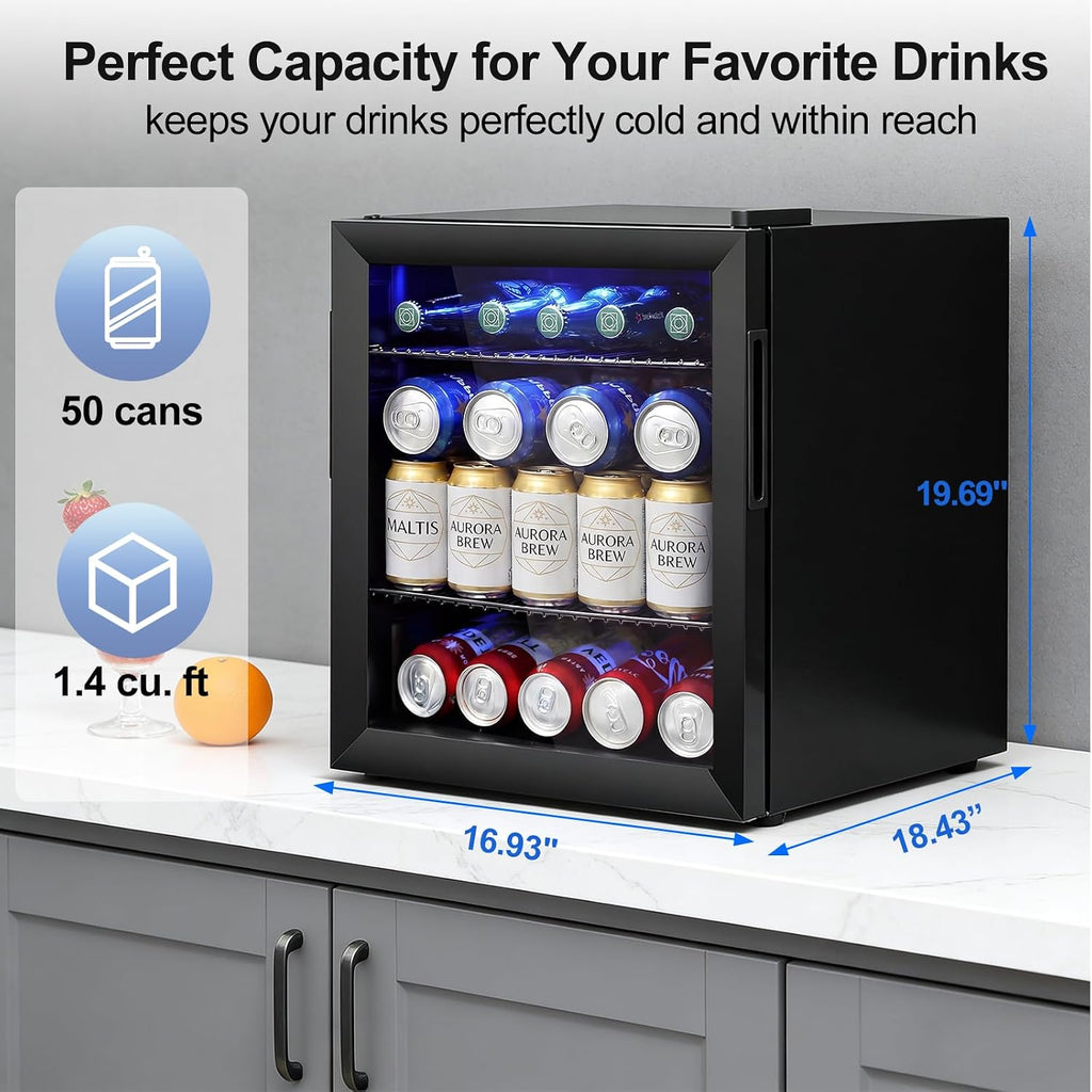 Mini Beverage Refrigerator - Small Beverage Fridge with Glass Door for Soda Beer Wine – Countertop Drink Cooler for Home, Dorm, Office or Bar, Electronic Temperature Control，1.4cu.ft.Black