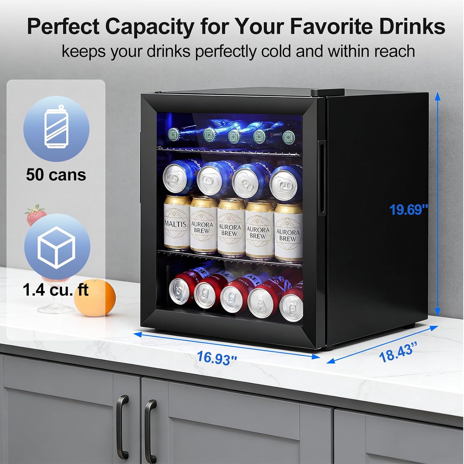 Mini Beverage Refrigerator - Small Beverage Fridge with Glass Door for Soda Beer Wine – Countertop Drink Cooler for Home, Dorm, Office or Bar, Electronic Temperature Control，1.4cu.ft.Black