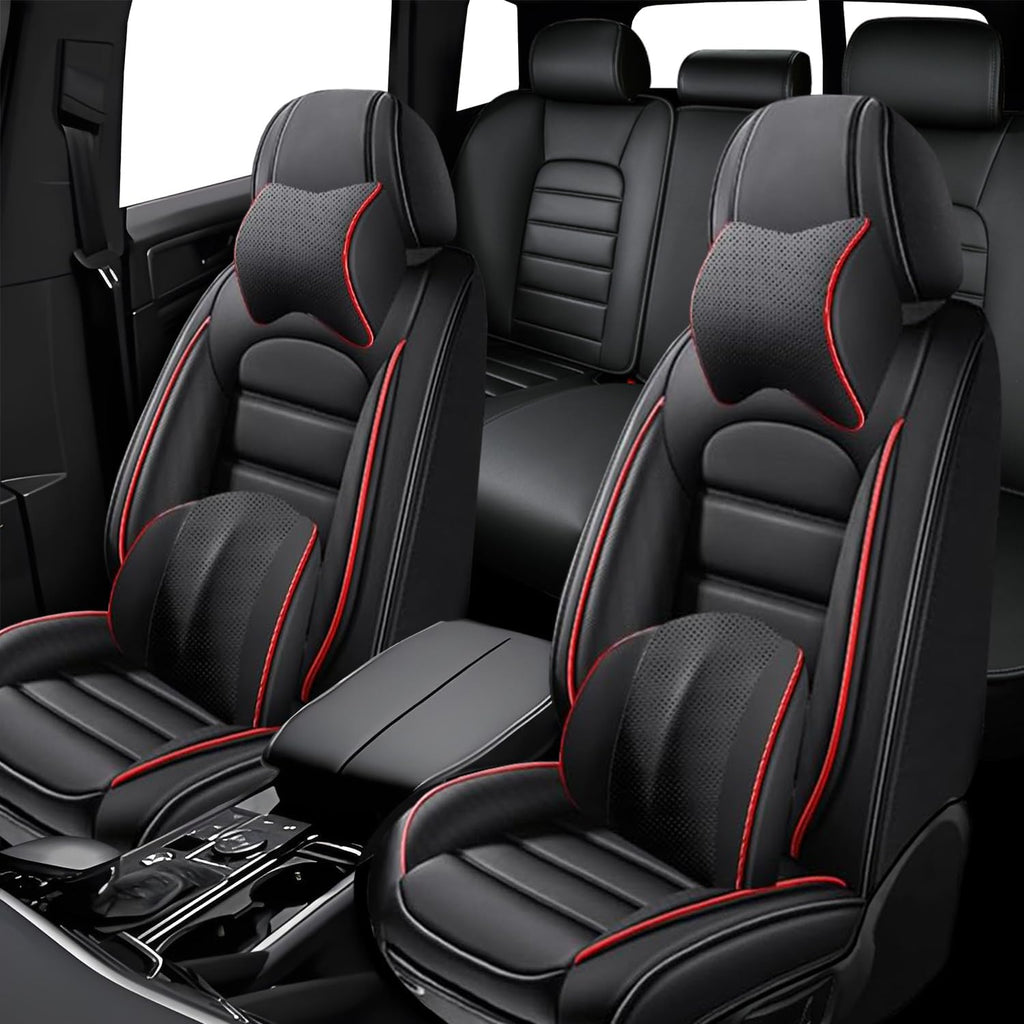 5 Seat Covers for Buick Encore GX 2020-2024 Leather Car Seat Covers Waterproof Anti-Slip Car Seat Protectors Comfort Automotive Seat Covers with Airbag（Luxury,Black+Red Bars）