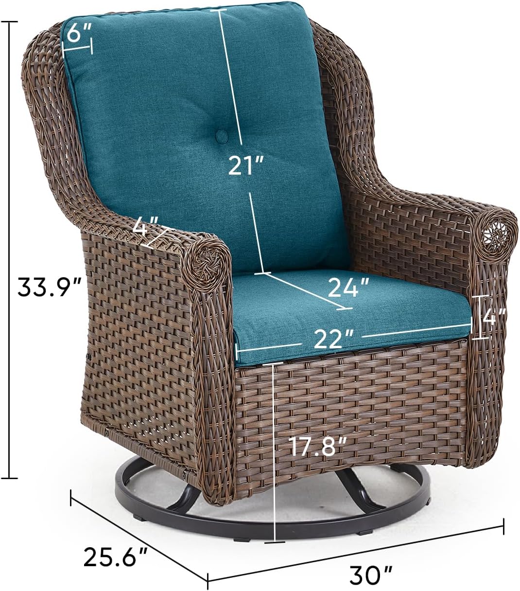 Patio Chairs Outdoor Swivel Glider - Set of 4 High Back Outside Brown Wicker Rattan Rocking Chair with Thick Cushion for Porch Apartment Deck Yard Poolside Garden - Peacock Blue