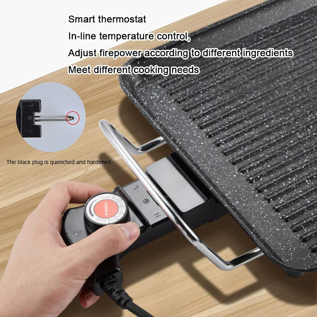 Grill for Outdoor Electric Smokeless Indoor Grill with Non-Stick Cooking Surface and Adjustable Temperature Knob Multifunctional Barbecue Tray，1355W，Black Barbecue Grill