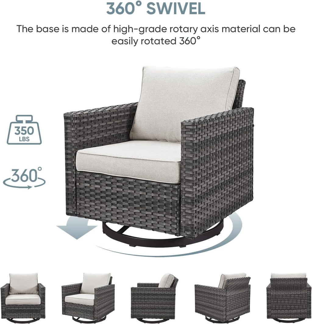 Outdoor Swivel Rocking Chairs,3 Pieces Patio Bistro Sets Rattan Chairs Set of 2 with Matching Side Table for Deck Porch Garden Backyard-Grey/Beige