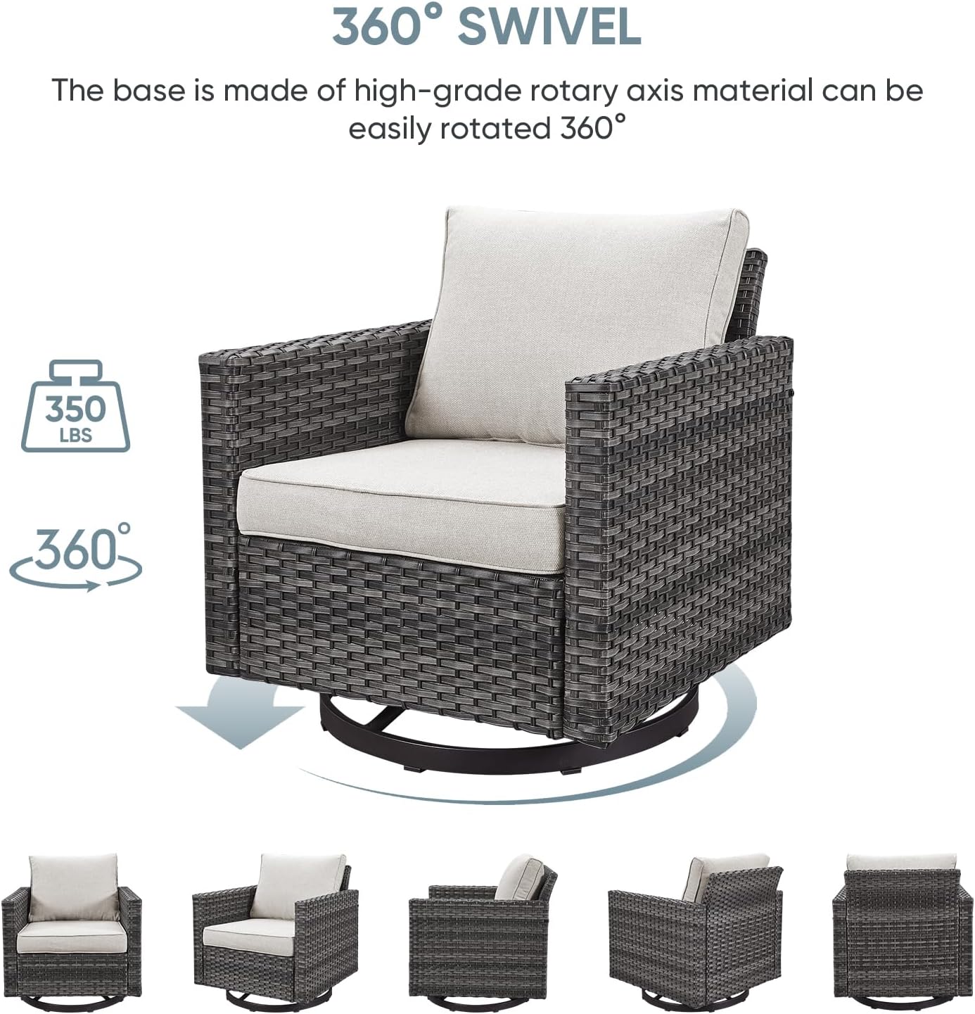 Outdoor Swivel Rocking Chairs,360 Degree Patio Swivel Glider Chair Set of 2 with High Back and Thickened Cushions for Deck Porch Garden Backyard-Grey/Beige