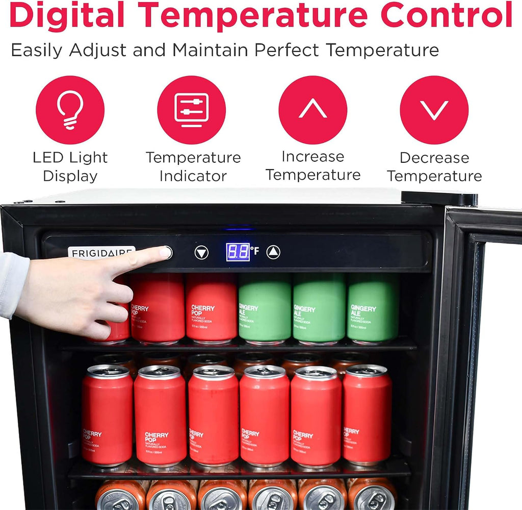 Frigidaire Beverage Refrigerator, Fridge with Glass Door, Compact Mini Fridge with Digital Temperature Control, Fits 115 Cans or 34 Bottles, 96L Capacity - 19.1' D x 17.5' W x 31.2' H