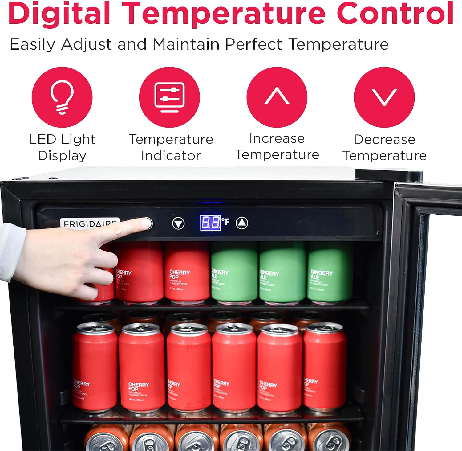 Frigidaire Beverage Refrigerator, Fridge with Glass Door, Compact Mini Fridge with Digital Temperature Control, Fits 115 Cans or 34 Bottles, 96L Capacity - 19.1' D x 17.5' W x 31.2' H