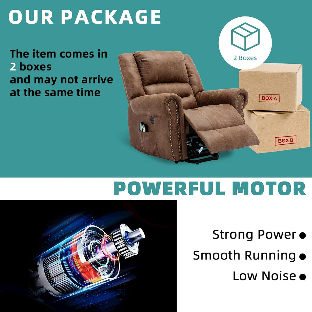MEETWARM Large Power Lift Electric Recliner Chair for Elderly with Massage and Heat, Overstuffed Wide Recliner, Heavy Duty Sofa for Living Room with 2 Remote Control/USB Ports/Side Pockets(Brown)