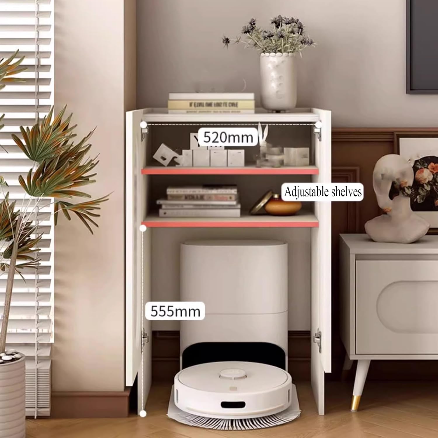 Small Storage Cabinet with Doors for Robot Vacuum and Mop Self Emptying, Side Table with Storage for Living Room with Adjustable Shelf for Kitchen Dinning Room