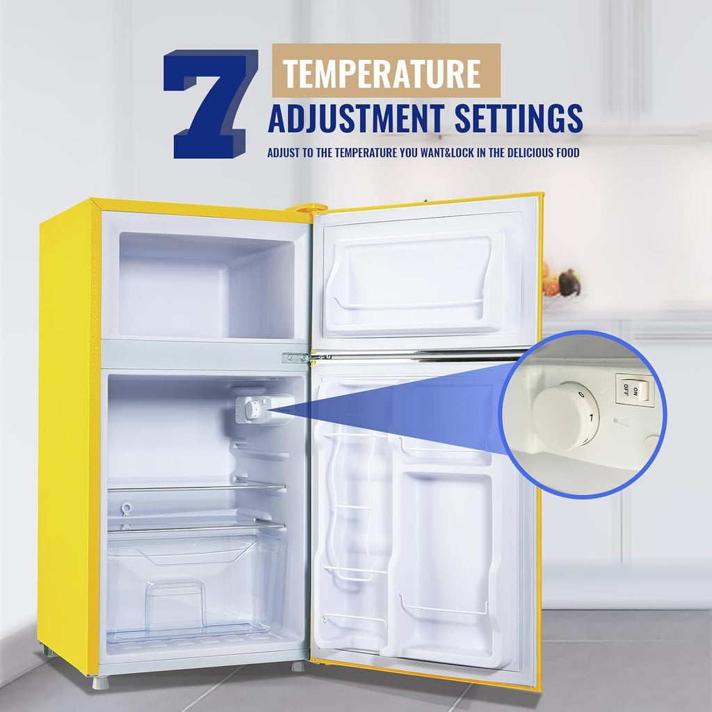 WANAI Compact Mini Refrigerator 3.5 Cu.Ft Small Refrigerator with Freezer, Retro Mini Fridge with Dual Door,7 Adjustable Thermostat, Adjustable Shelves For Dorm, Office Bedroom, Yellow