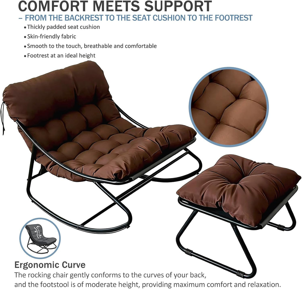 Oversized Papasan Rocker, Comfy Patio Rocking Chair, Outdoor Rocker Chair, Indoor Rocking Egg Chair with Cushion & Ottoman for Bedroom, Living Room, Front Porch (Brown)