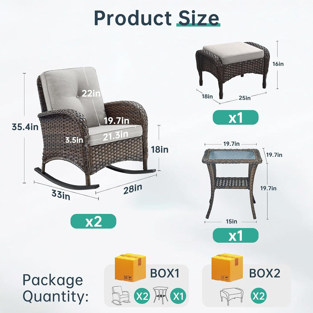 Patio Rocking Chair - 5 Peices Outdoor Wicker Rocker Porch Chair Set with Tempered Glass Side Table, and 2 Ottoman, Rattan Seating for Balcony Garden Brown/Beige